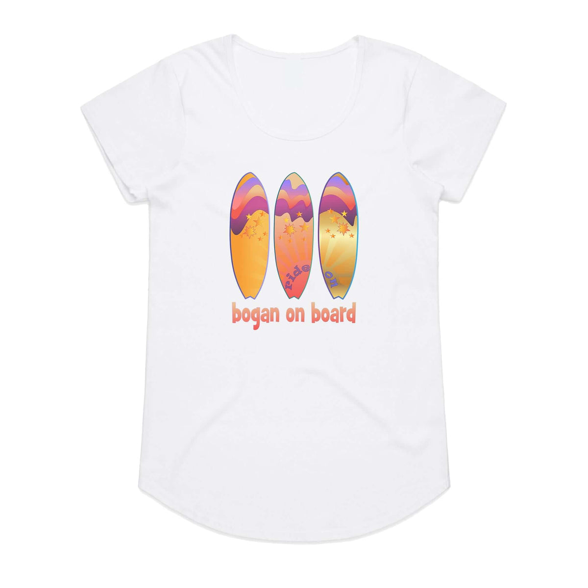 White women's tee with Bogan  on Board graphic surf design