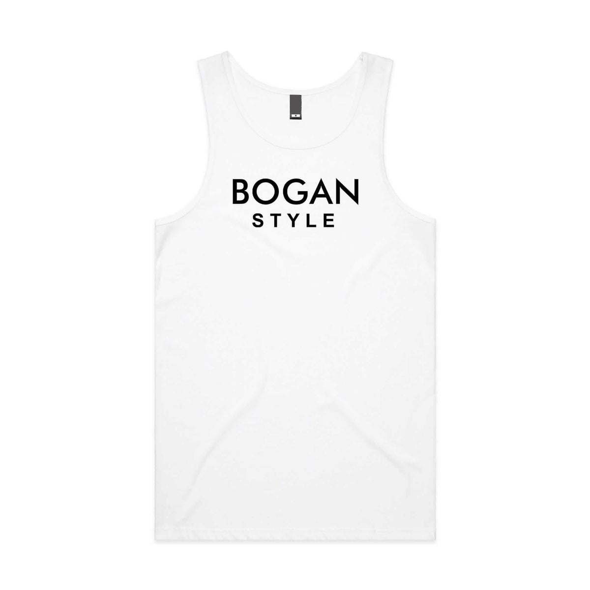 Men's white tank top with Bogan Style in black letters
