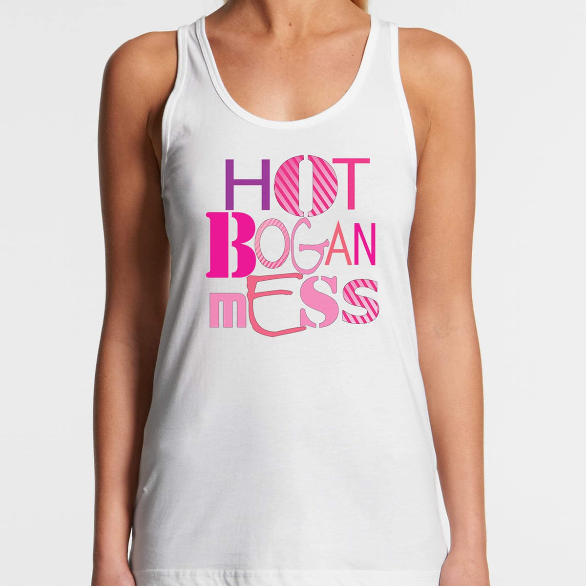 white tank top with bright Hot Bogan Mess graphic design