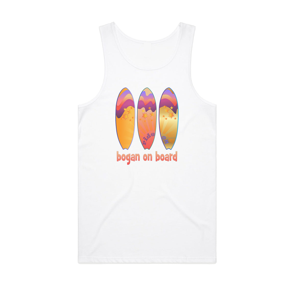 White tank top with bright surfboard design