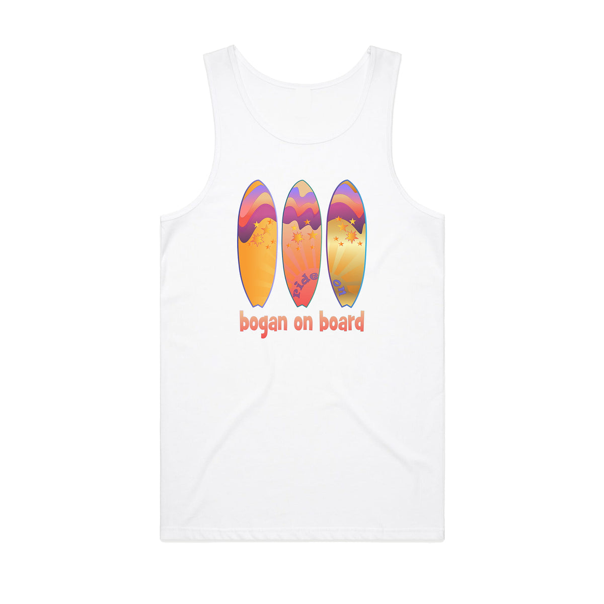 White tank top with bright surfboard design