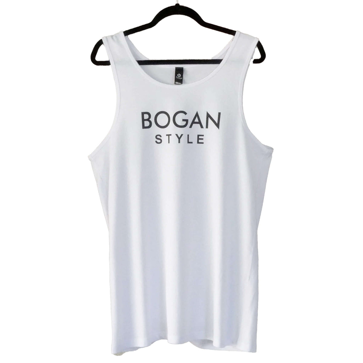 Men's white Bogan Style singlet on coat hanger