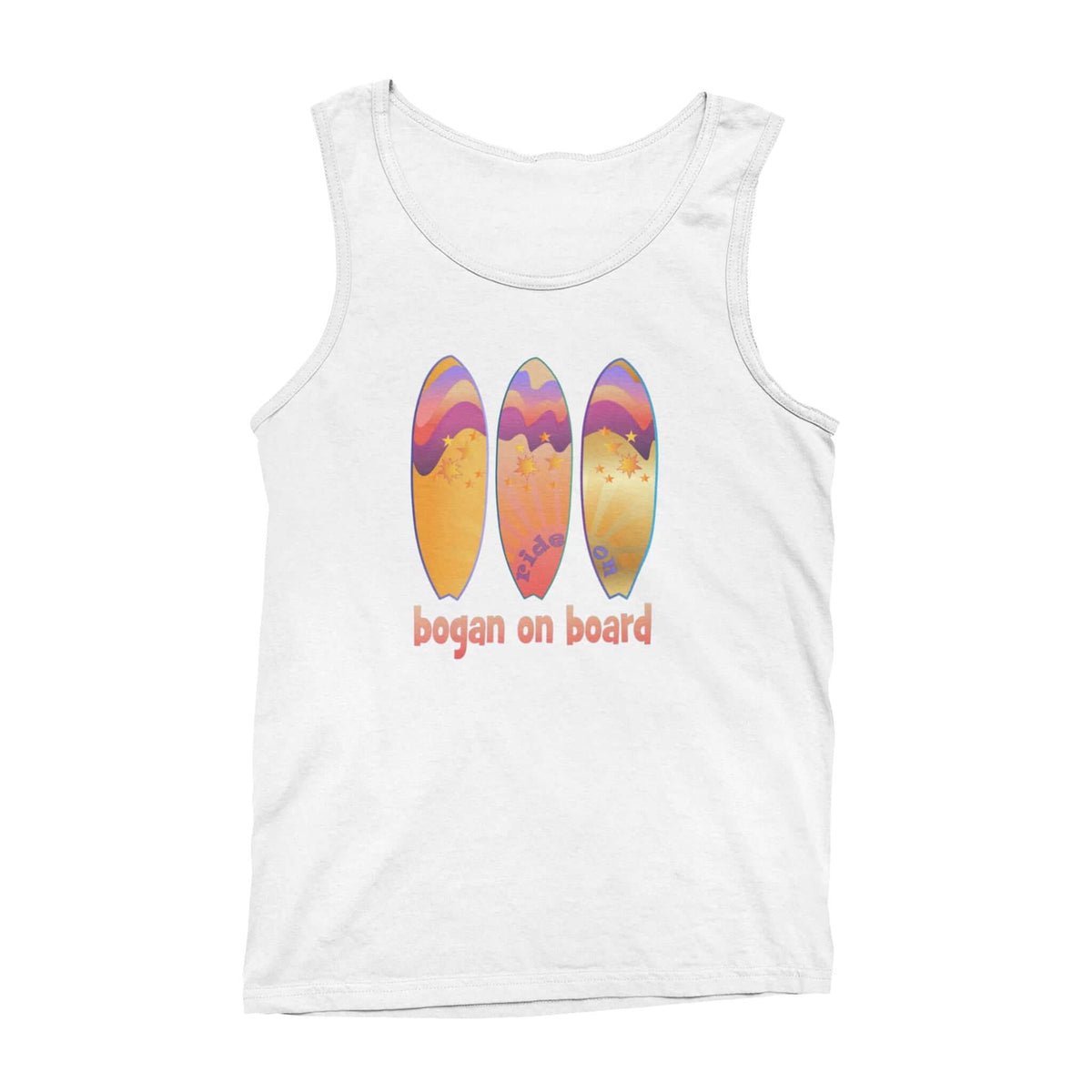 White tank top with Bogan on Board surf graphic design