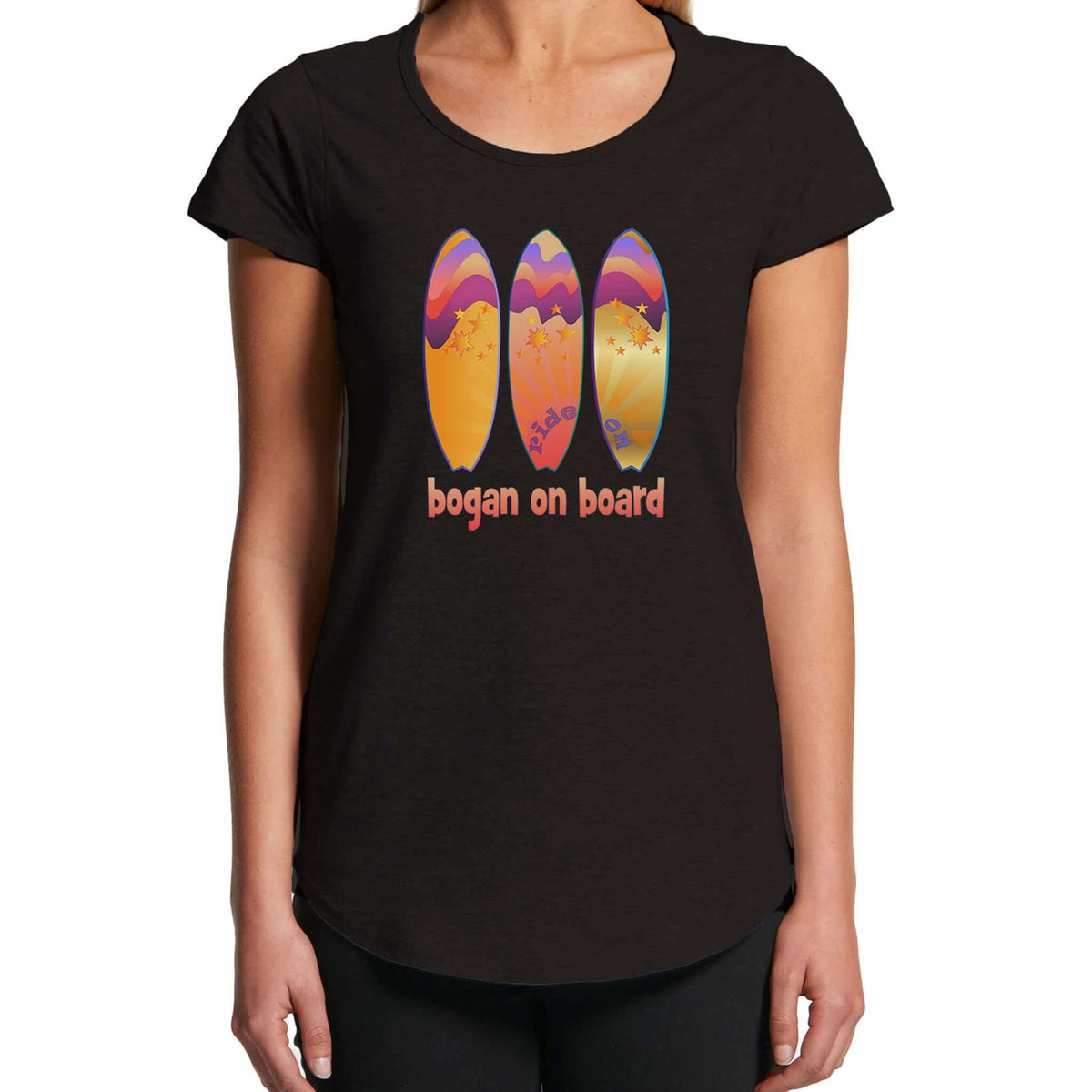 Women wearing a black t shirt with Bogan on Board graphic design featuring three surfboards
