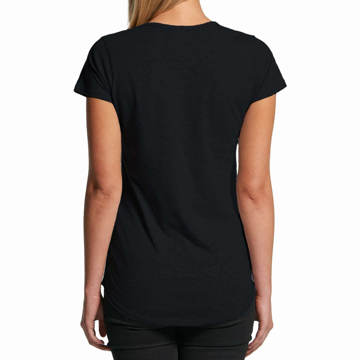 back view of woman wearing black t shirt
