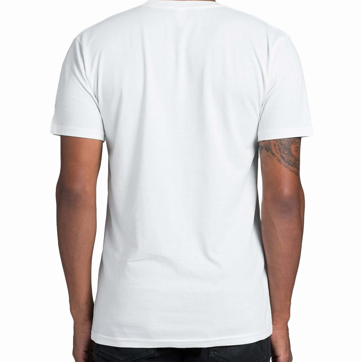 back view of man wearing white v neck t shirt