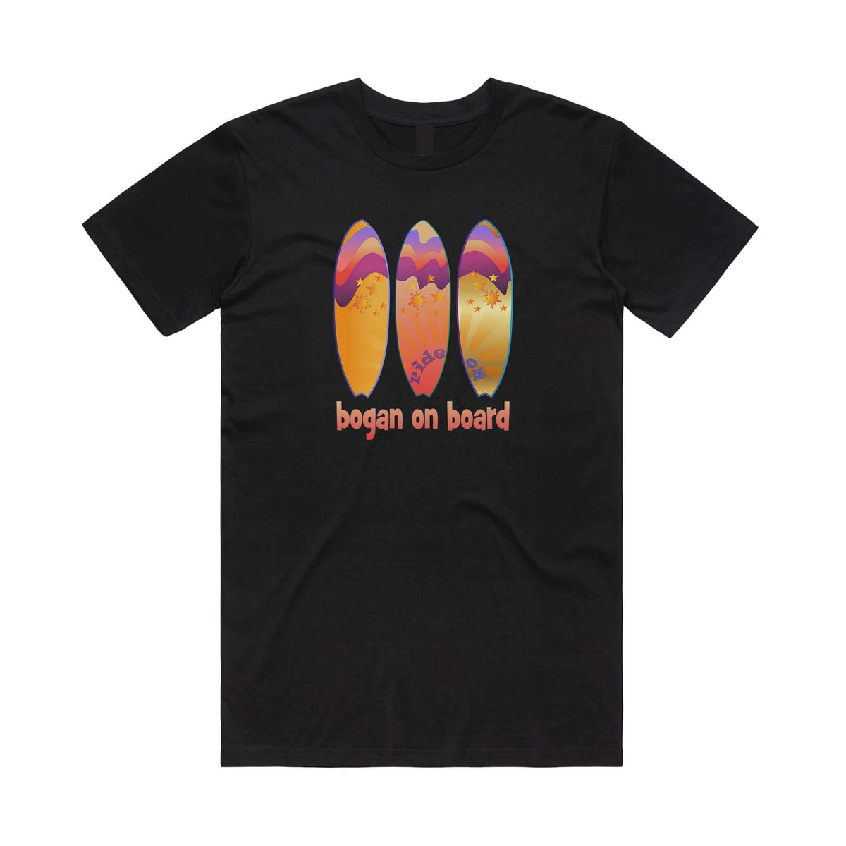 Black t shirt with bright Bogan on Board graphic surf design