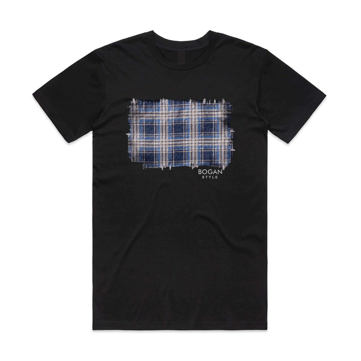 Men's black t shirt with flanno graphic design on the front