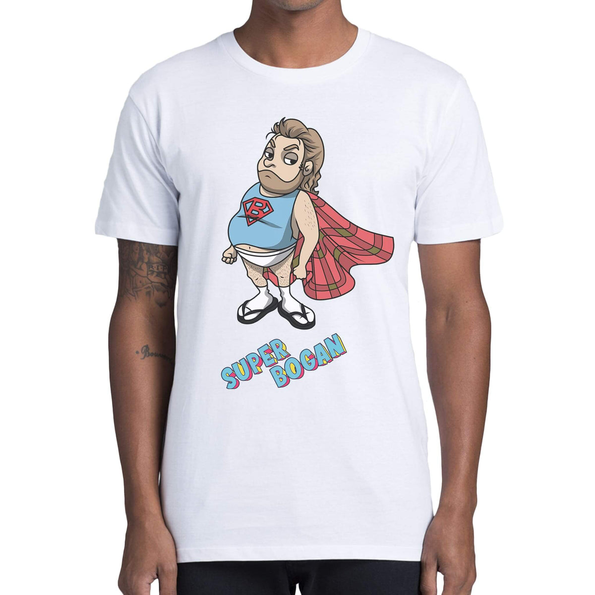 Man wearing white Super Bogan character t shirt