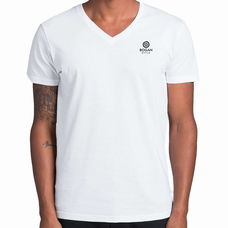 man wearing white v neck tee with small Bogan Style l