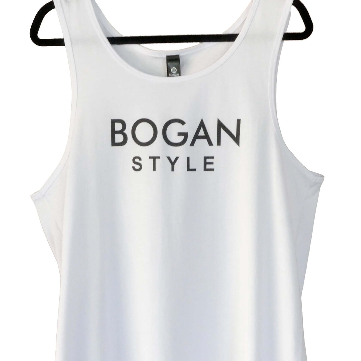White tank top wth Bogan Style printed on the front