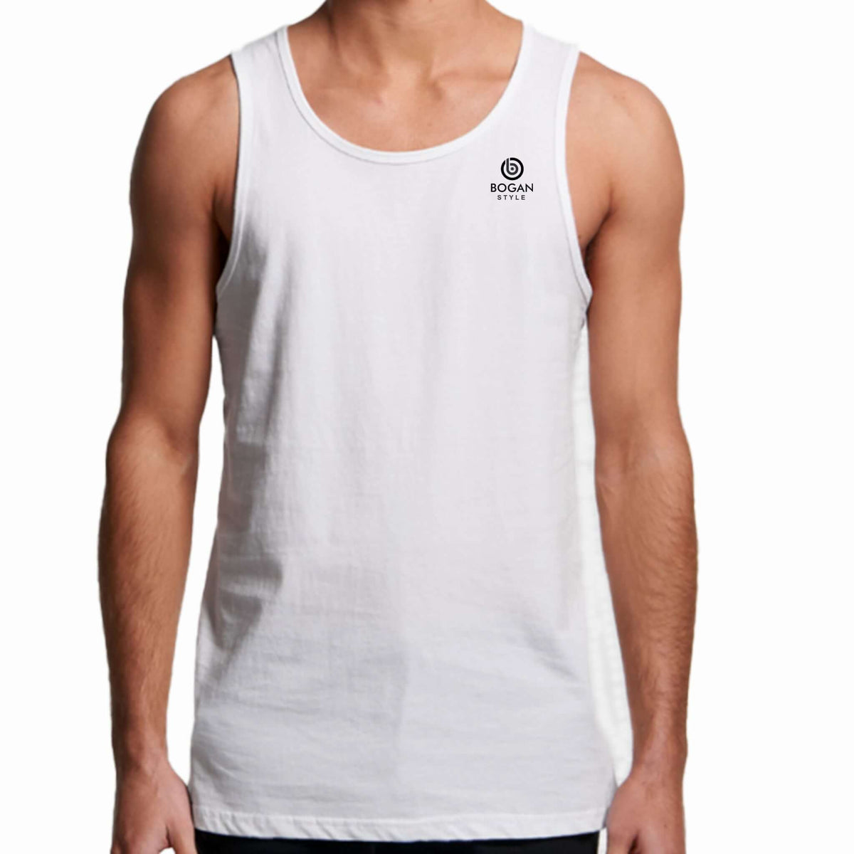Men's white tank top with small Bogan Style logo on chest.