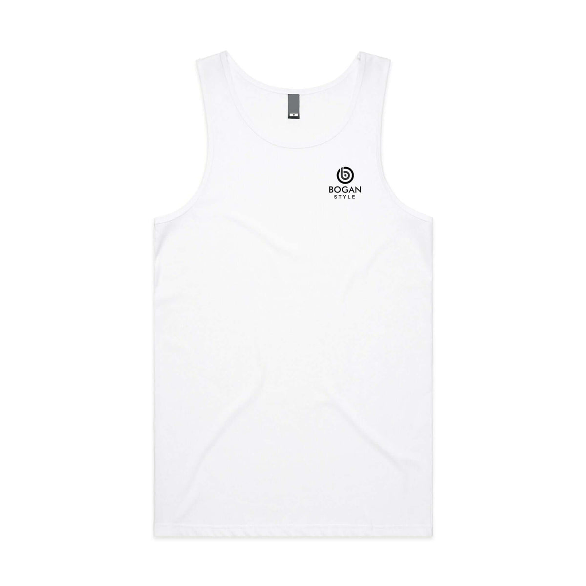 Men's white tank with small Bogan Style logo on chest