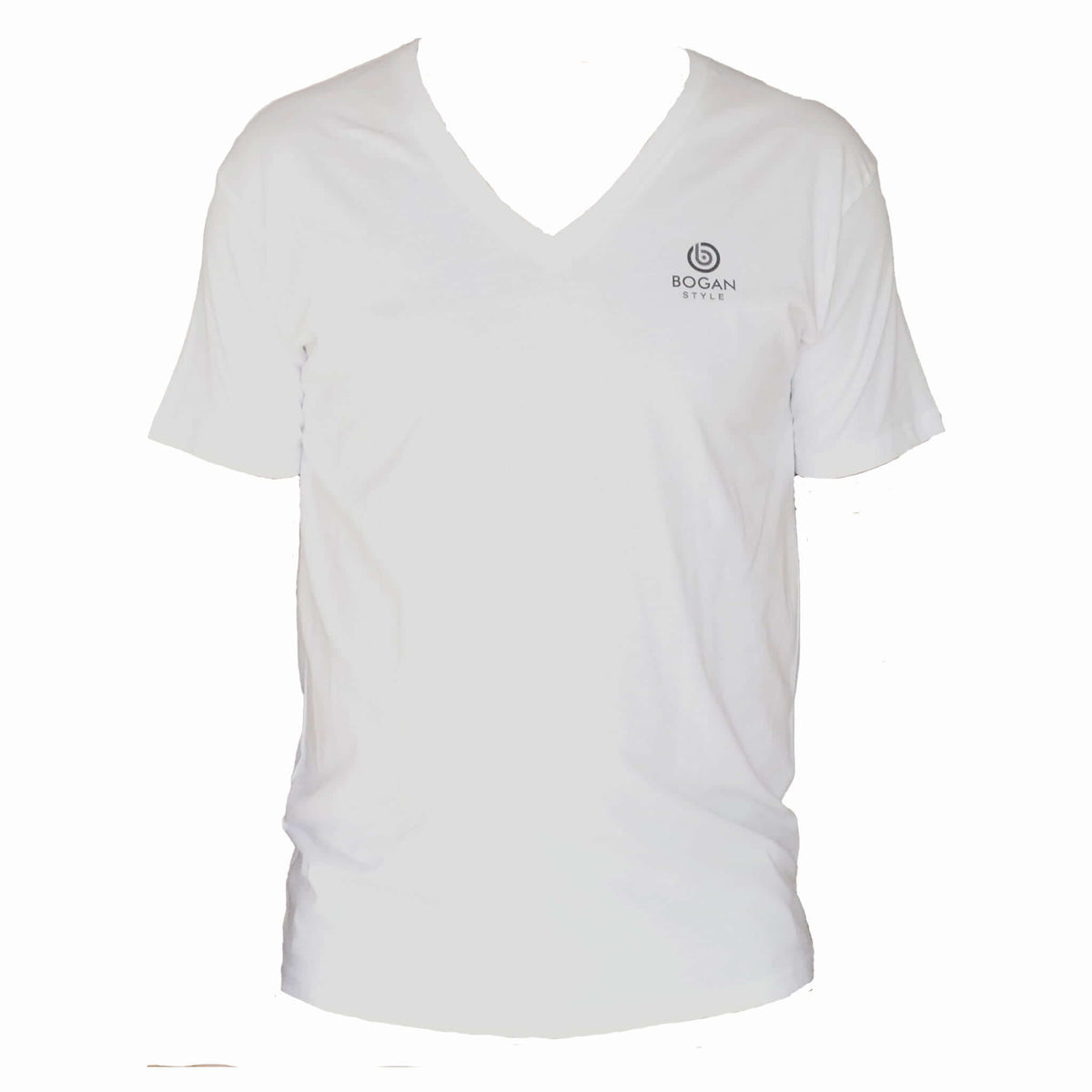 white v neck t shirt with small Bogan Style logo on the chest