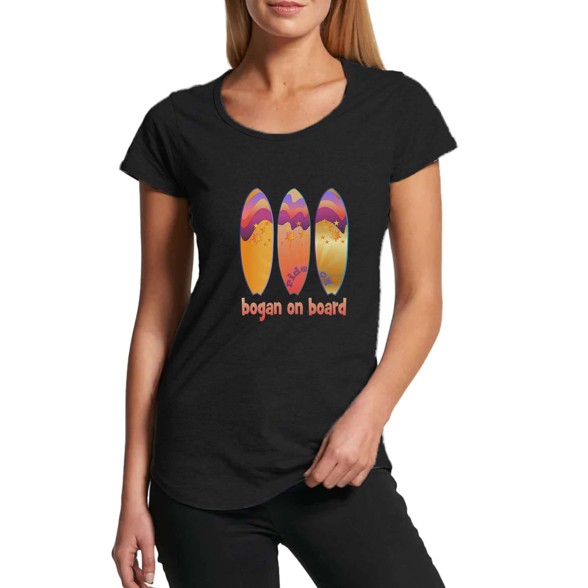 Woman wearing black t shirt with Bogan on Board graphic surf design